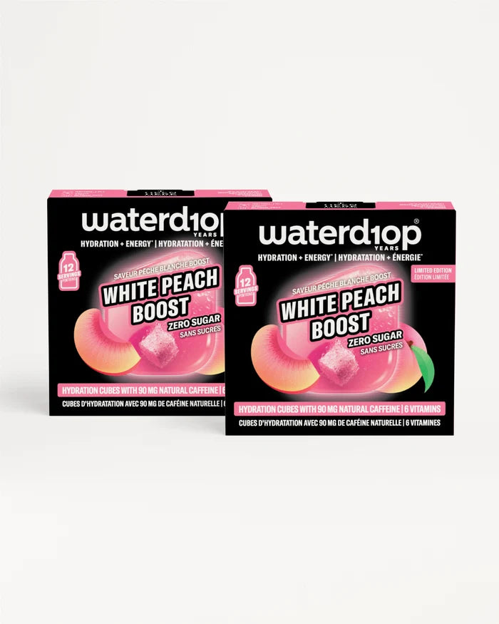 Deux boîtes noires Waterdrop d'hydratation avec des accents roses sur fond blanc.