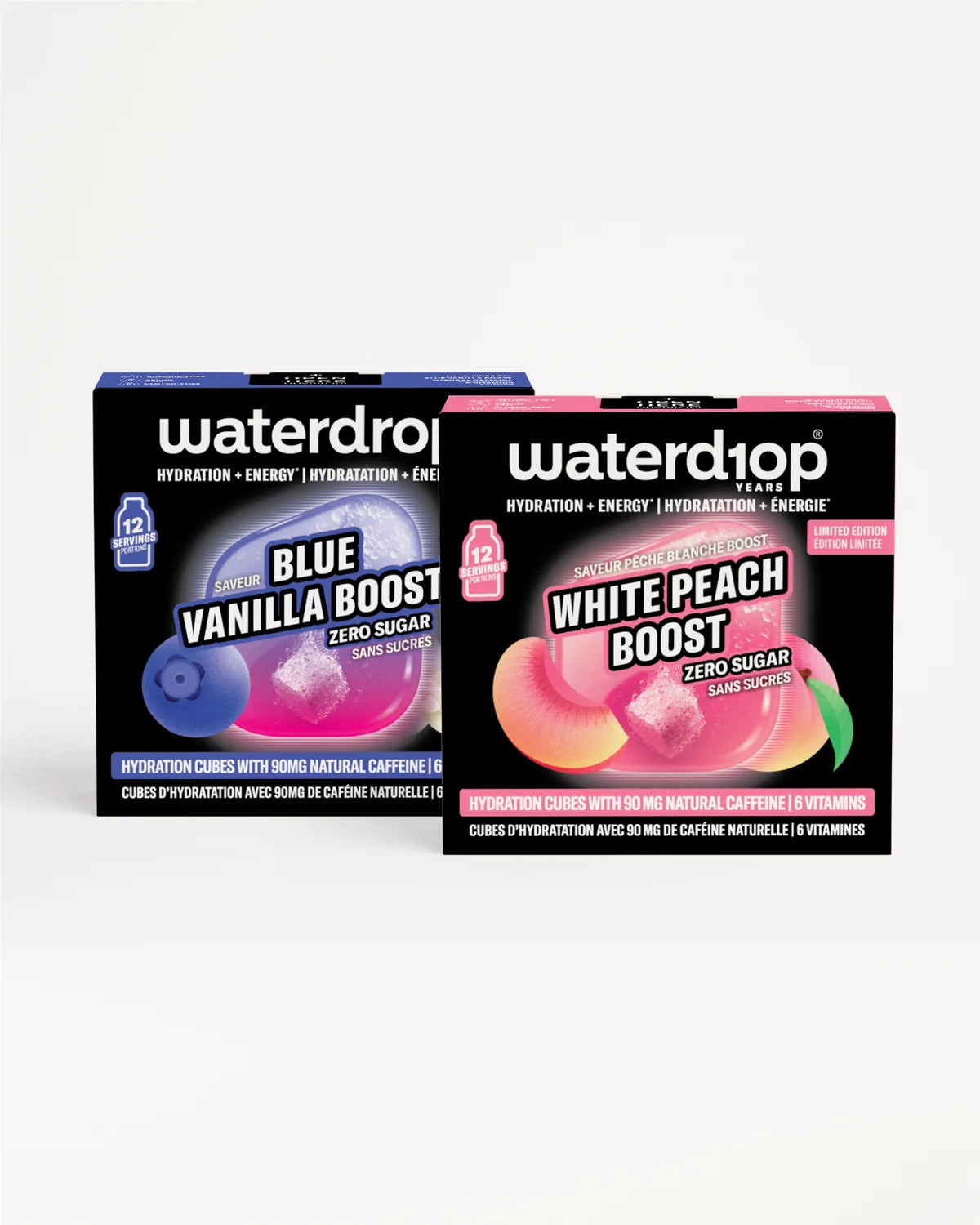 Deux boîtes Waterdrop d'hydratation alignées sur fond blanc, l'une bleu et l'autre rose.