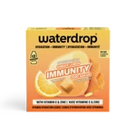 Emballage orange et jaune de cubes d’immunité Waterdrop avec graphique d’agrumes.